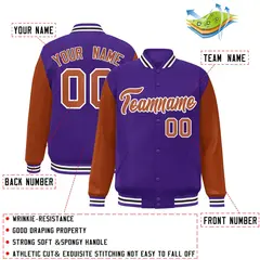 Purple Texas Orange-White Raglan Varsity Full-Snap Letterman Jacket 2