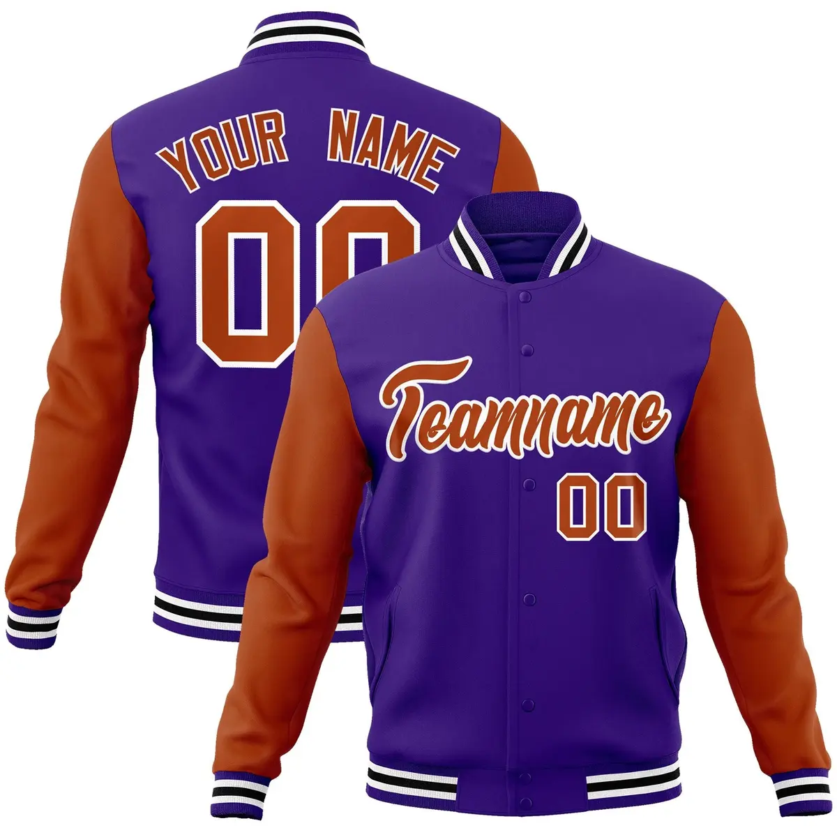 Purple Texas Orange-White Raglan Varsity Full-Snap Letterman Jacket