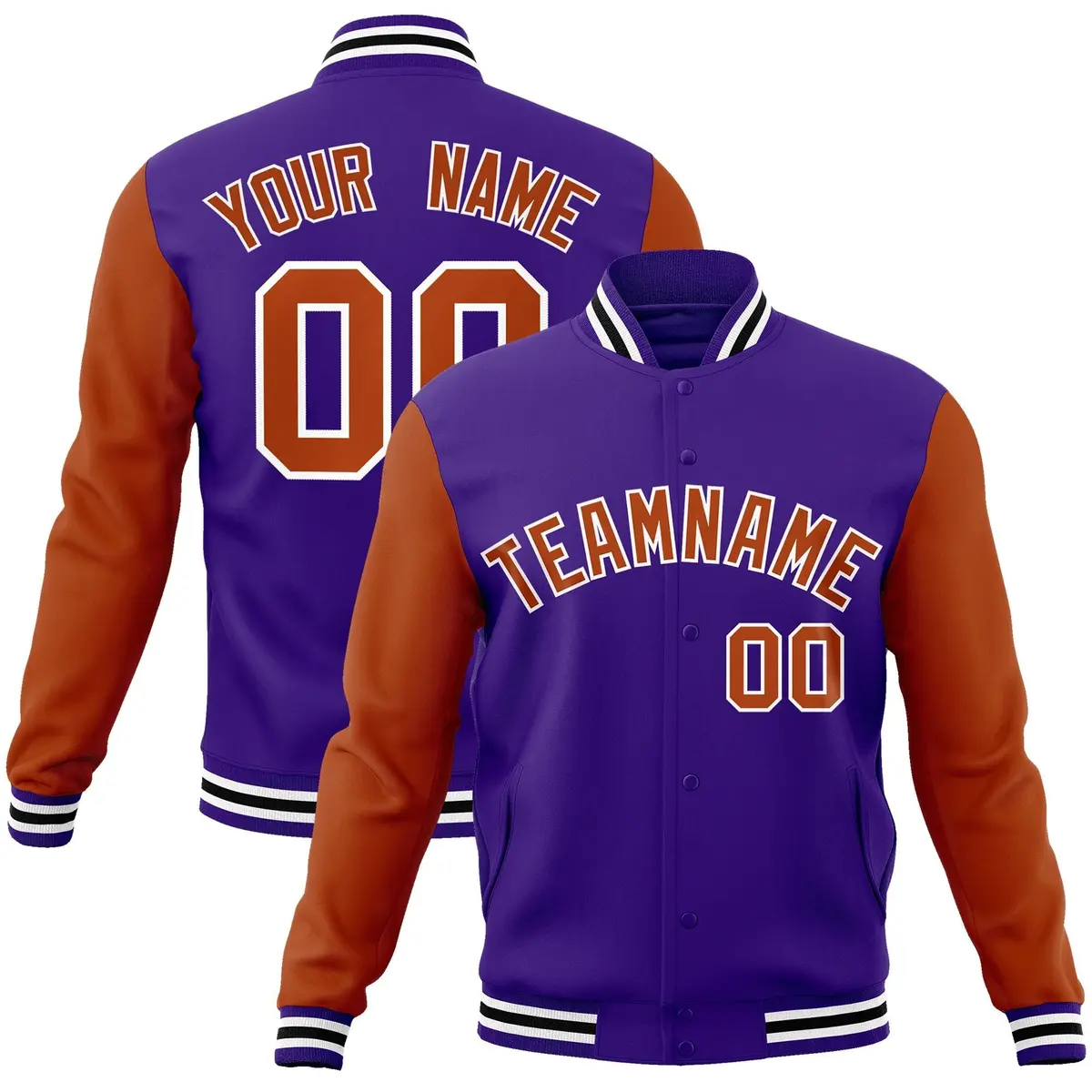 Purple Texas Orange-White Raglan Varsity Full-Snap Letterman Jacket