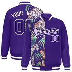 Purple Two Tone Split Flower Pattern Varsity Letterman Jacket