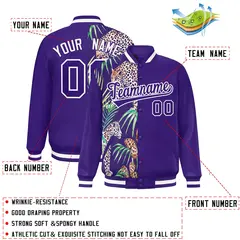 Purple Two Tone Split Flower Pattern Varsity Letterman Jacket 2