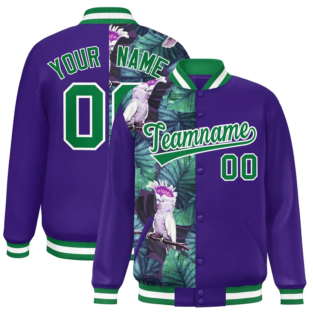 Purple Two Tone Split Flower Pattern Varsity Letterman Jacket