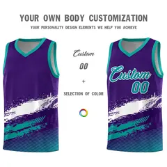 Purple White and Aqua Graffiti Pattern Basketball Jersey 3