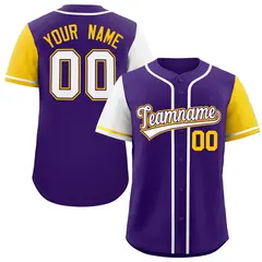 Purple White and Gold Raglan Sleeves Baseball Jersey