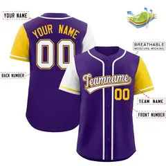 Purple White and Gold Raglan Sleeves Baseball Jersey 2