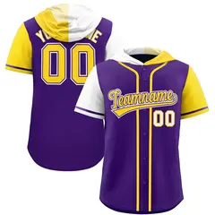 Purple White and Gold Split Raglan Baseball Hoodie Jersey 1