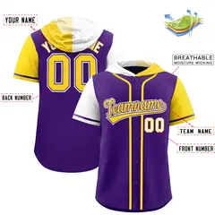 Purple White and Gold Split Raglan Baseball Hoodie Jersey 2