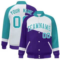 Purple White-Aqua Color Block Varsity Full-Snap Baseball Jacket