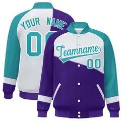 Purple White-Aqua Color Block Varsity Full-Snap Baseball Jacket