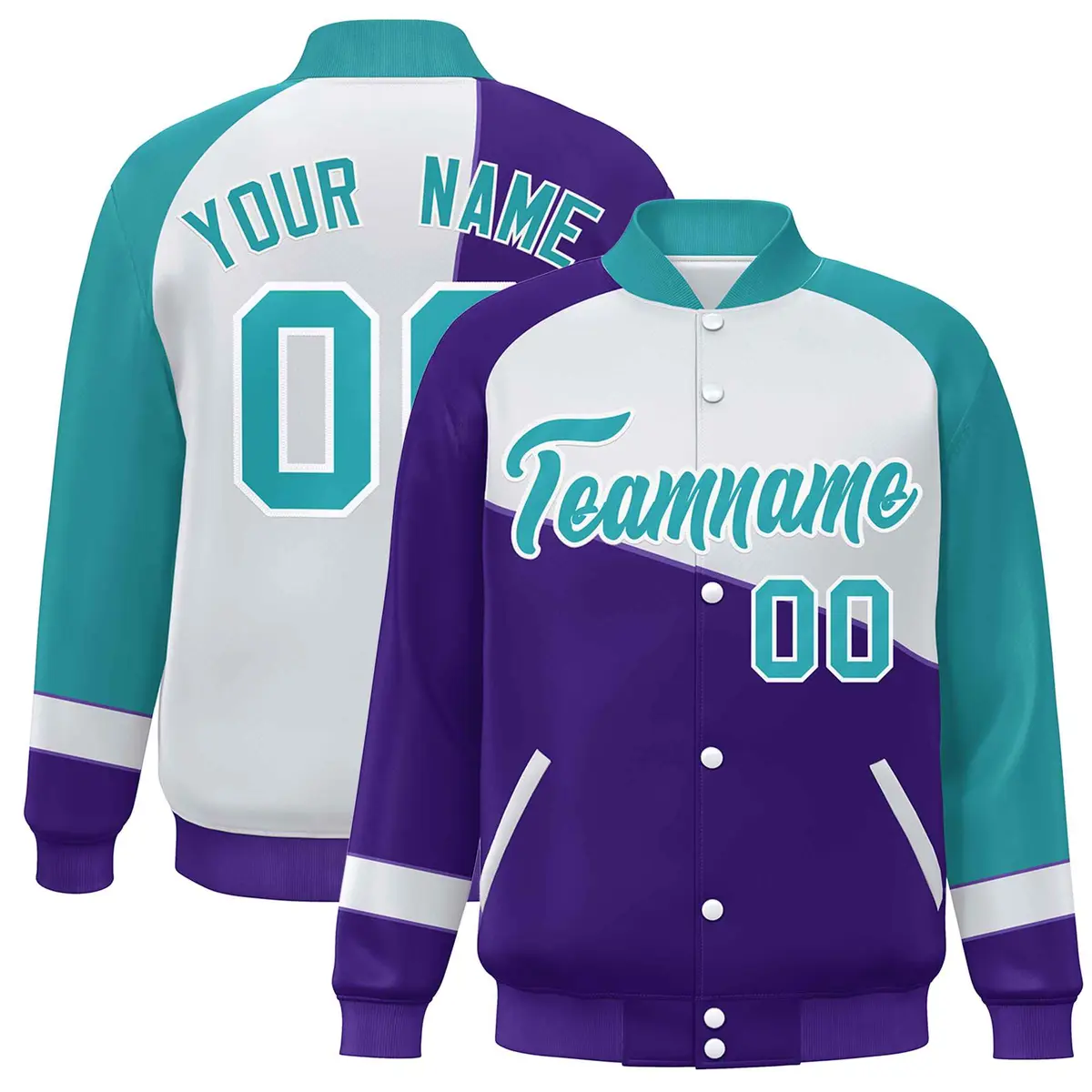 Purple White-Aqua Color Block Varsity Full-Snap Baseball Jacket
