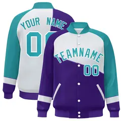 Purple White-Aqua Color Block Varsity Full-Snap Baseball Jacket