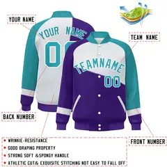 Purple White-Aqua Color Block Varsity Full-Snap Baseball Jacket 2
