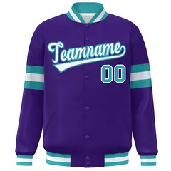 Purple White-Aqua Color Block Varsity Full-Snap Baseball Jacket 3