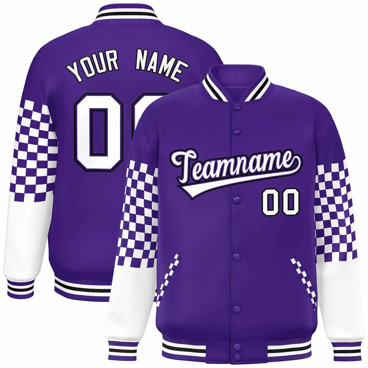 Purple White-Black Checkered Color Block Bomber Varsity Jacket