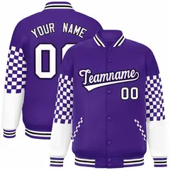 Purple White-Black Checkered Color Block Bomber Varsity Jacket 1