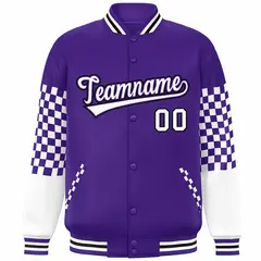 Purple White-Black Checkered Color Block Bomber Varsity Jacket 3