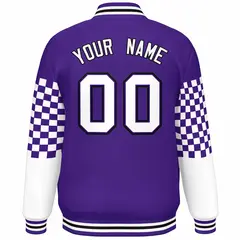 Purple White-Black Checkered Color Block Bomber Varsity Jacket 4