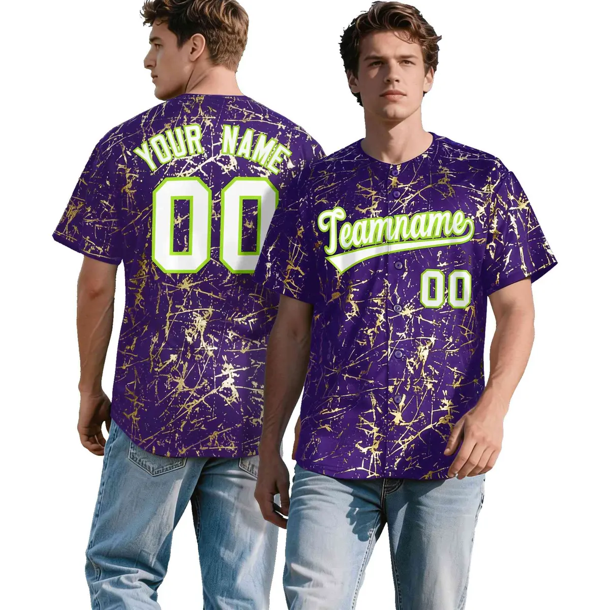 Purple White Black & Shiny Gold Cracked Foil Mesh Baseball Jersey