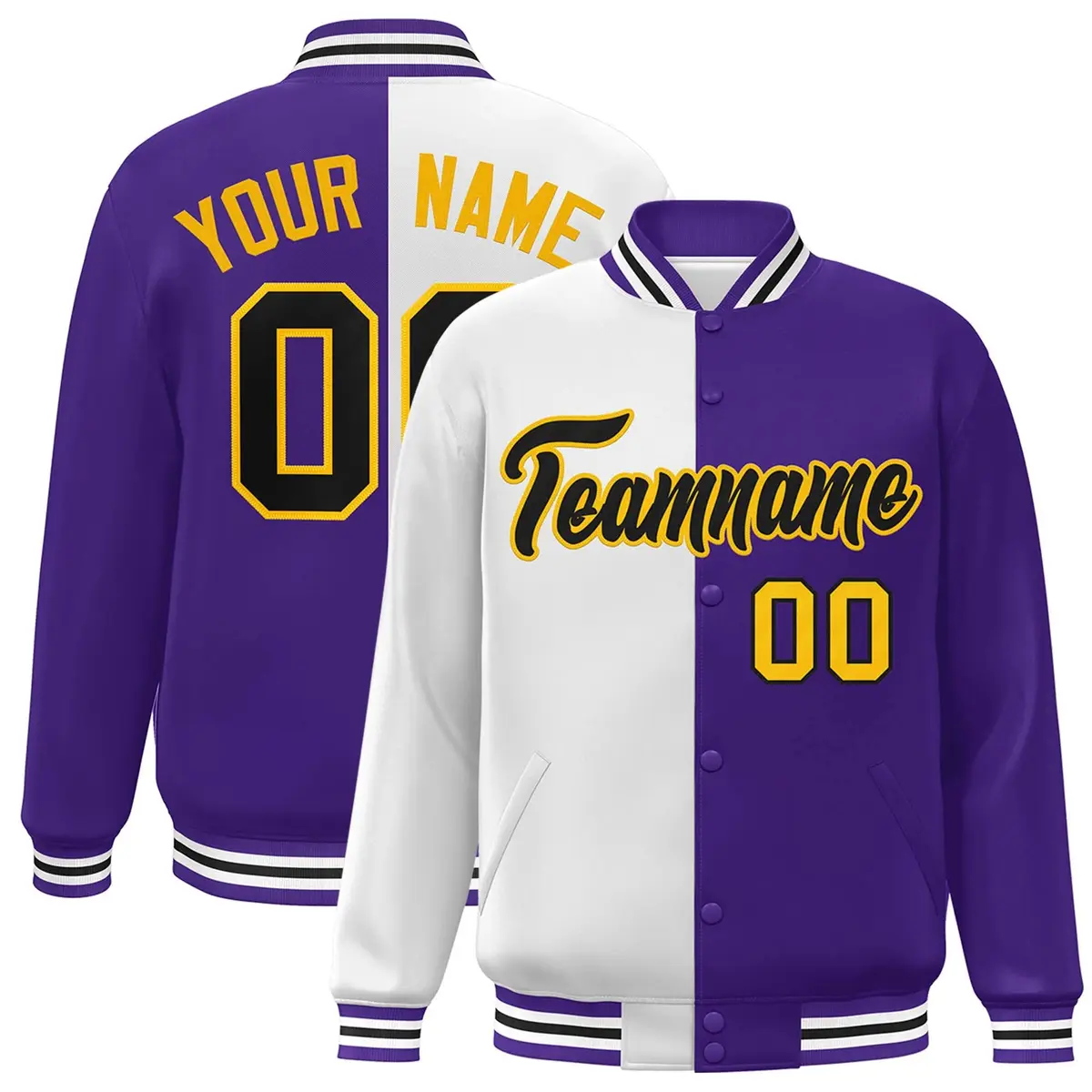 Purple White-Black Split Two Tone Letterman Varsity Full-Snap Jacket