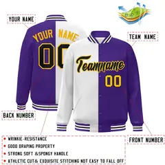Purple White-Black Split Two Tone Letterman Varsity Full-Snap Jacket 2