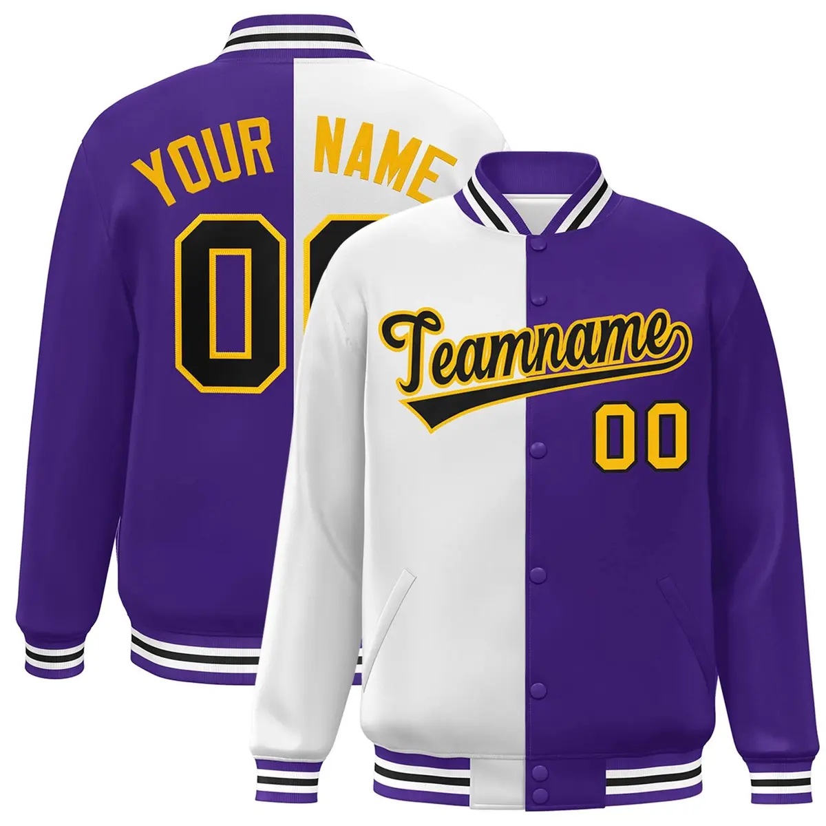 Purple White-Black Split Two Tone Letterman Varsity Full-Snap Jacket