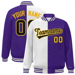 Purple White-Black Split Two Tone Letterman Varsity Full-Snap Jacket