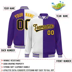 Purple White-Black Split Two Tone Letterman Varsity Full-Snap Jacket 2