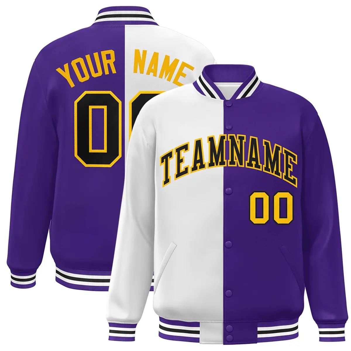 Purple White-Black Split Two Tone Letterman Varsity Full-Snap Jacket