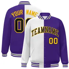 Purple White-Black Split Two Tone Letterman Varsity Full-Snap Jacket