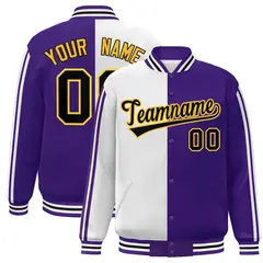 Purple White-Black Two Tone Color Block Varsity Baseball Bomber Jacket