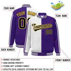 Purple White-Black Two Tone Color Block Varsity Baseball Bomber Jacket 2