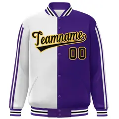 Purple White-Black Two Tone Color Block Varsity Baseball Bomber Jacket 3