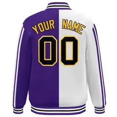 Purple White-Black Two Tone Color Block Varsity Baseball Bomber Jacket 4