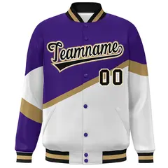 Purple White Black-White Color Block Varsity Baseball Jacket 3