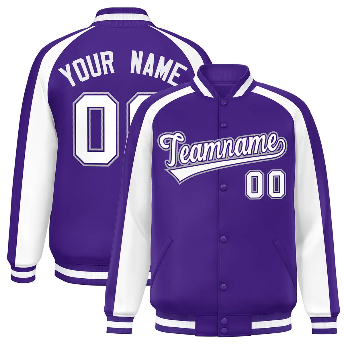 Purple White Color Block Raglan Varsity Letterman Jacket