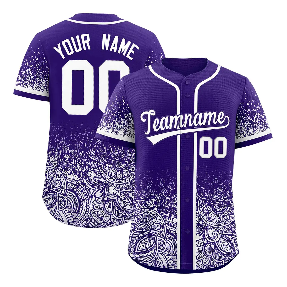 Purple White Floral Gradient Full Button Baseball Jersey