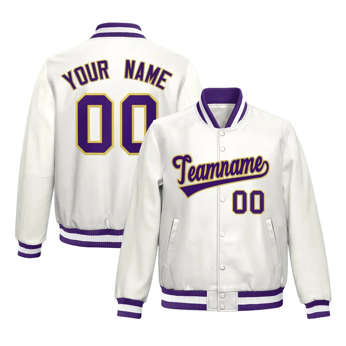 Purple White Full-Snap Faux Leather Varsity Letterman Jacket