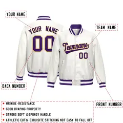 Purple White Full-Snap Faux Leather Varsity Letterman Jacket 2