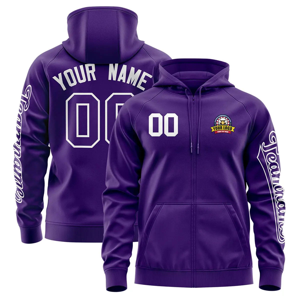 Purple White Full-Zip Varsity Letterman Jacket Hoodie