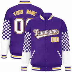 Purple White-Gold Checkered Color Block Bomber Varsity Jacket