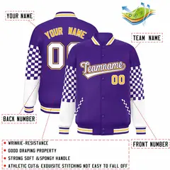 Purple White-Gold Checkered Color Block Bomber Varsity Jacket 2