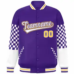 Purple White-Gold Checkered Color Block Bomber Varsity Jacket 3
