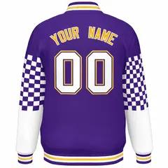 Purple White-Gold Checkered Color Block Bomber Varsity Jacket 4