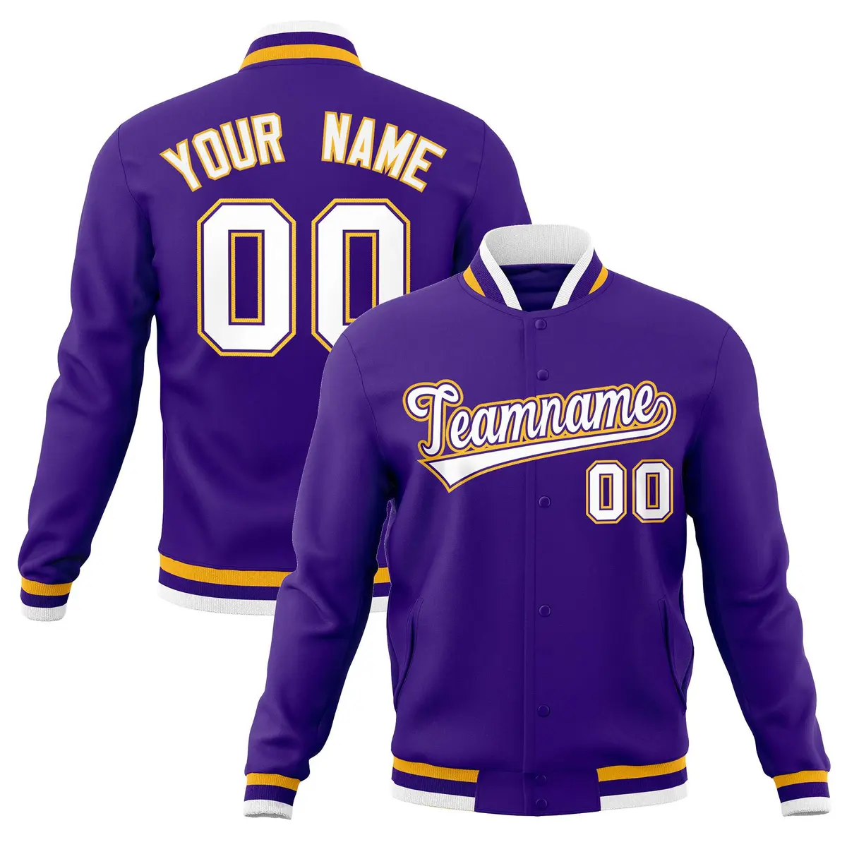 Purple White-Gold Classic Varsity Full-Snap Letterman Jacket