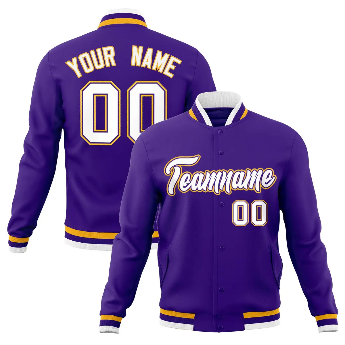 Purple White-Gold Classic Varsity Full-Snap Letterman Jacket