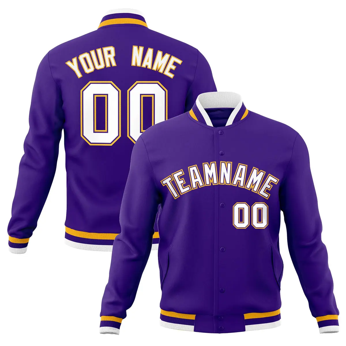 Purple White-Gold Classic Varsity Full-Snap Letterman Jacket