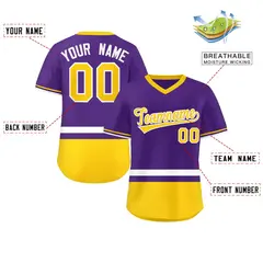 Purple White-Gold Color Block V-Neck Baseball Jersey 2