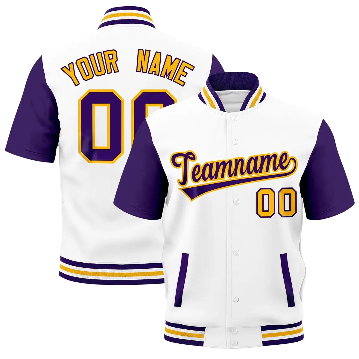 Purple White Gold Full-Snap Short Sleeve Varsity Jacket