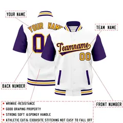 Purple White Gold Full-Snap Short Sleeve Varsity Jacket 2