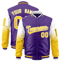 Purple White-Gold Gradient Full-Zip Letterman Bomber Jacket